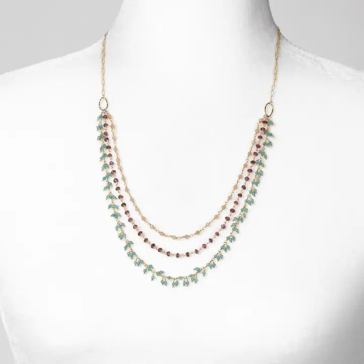 Gumdrop 21.5-23.5" Garnet, Peach Moonstone, Blue Apatite Multistrand Necklace