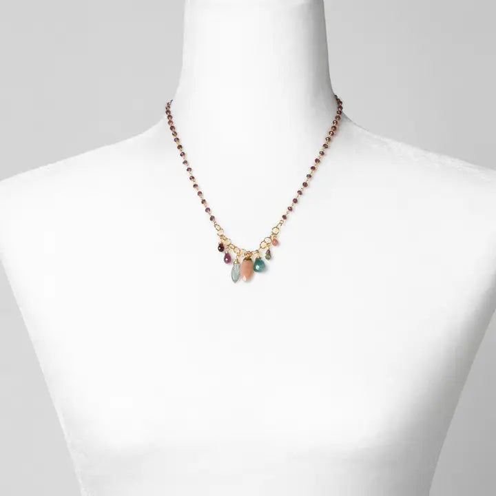 Gumdrop 16.75-18.75" Garnet with Cluster of Peach Moonstone, Kyanite, Ruby, Rhodochrosite Cluster Necklace