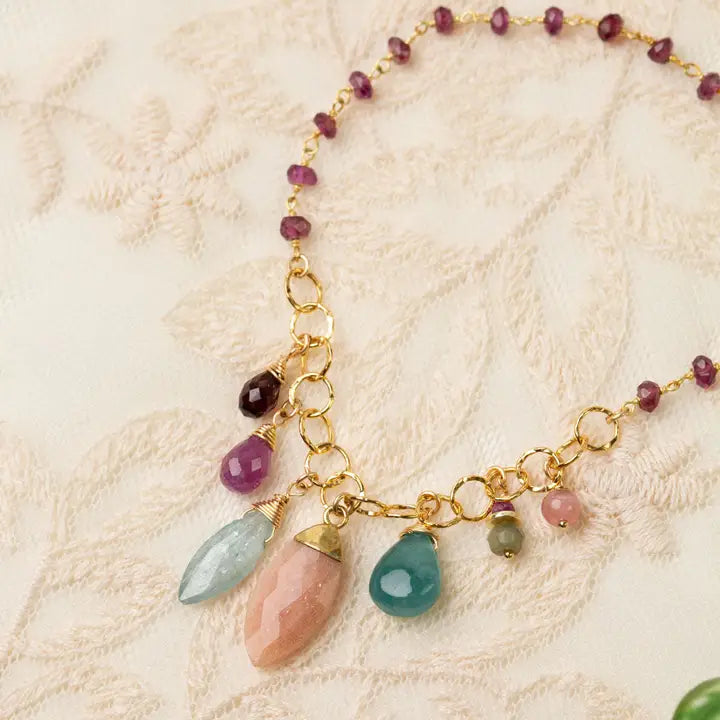 Gumdrop 16.75-18.75" Garnet with Cluster of Peach Moonstone, Kyanite, Ruby, Rhodochrosite Cluster Necklace