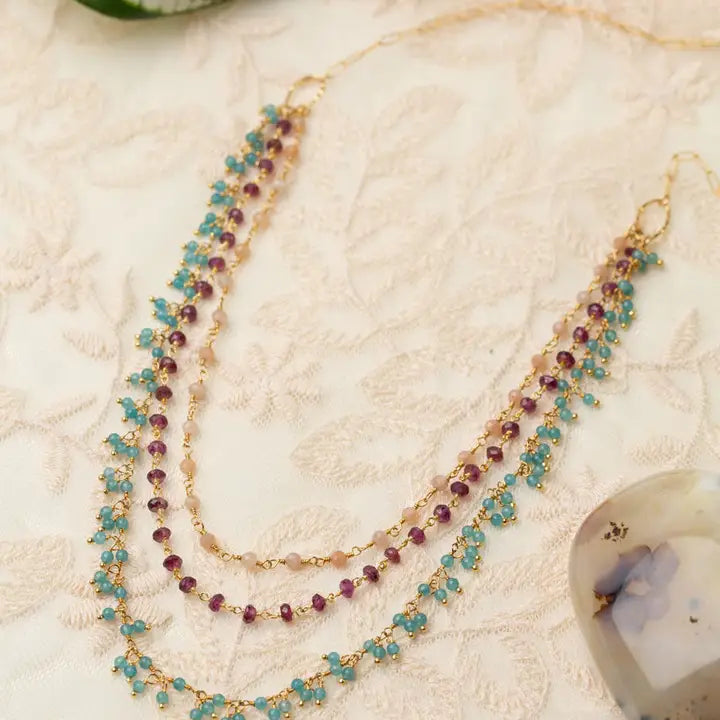 Gumdrop 21.5-23.5" Garnet, Peach Moonstone, Blue Apatite Multistrand Necklace