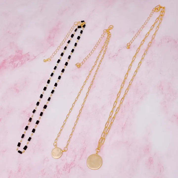Disc & Beaded Chain Necklace Set of 3